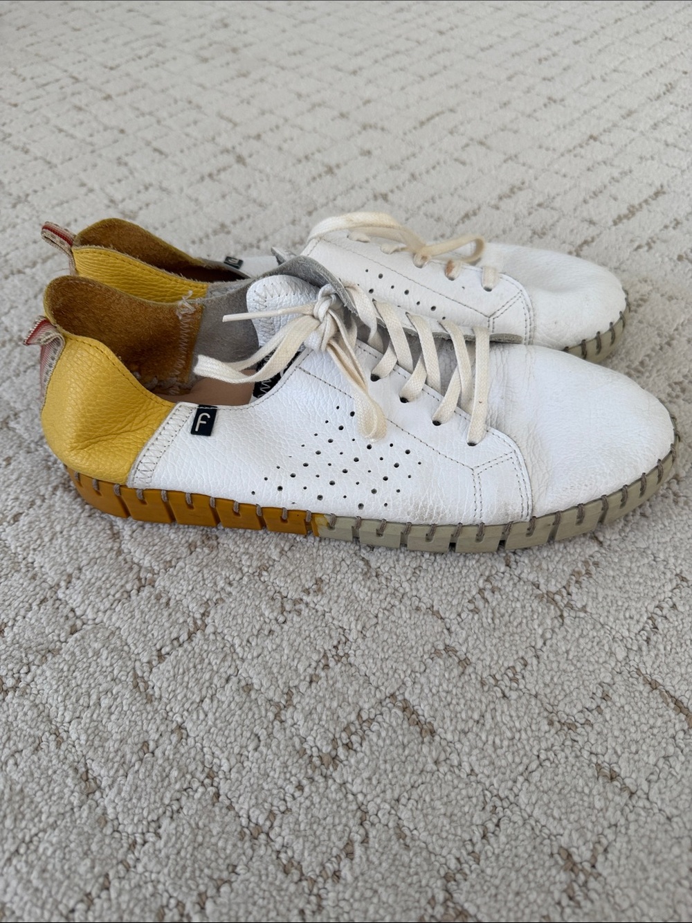 Fabiolas Women's White Leather Sneakers with Yellow Heel Accent
